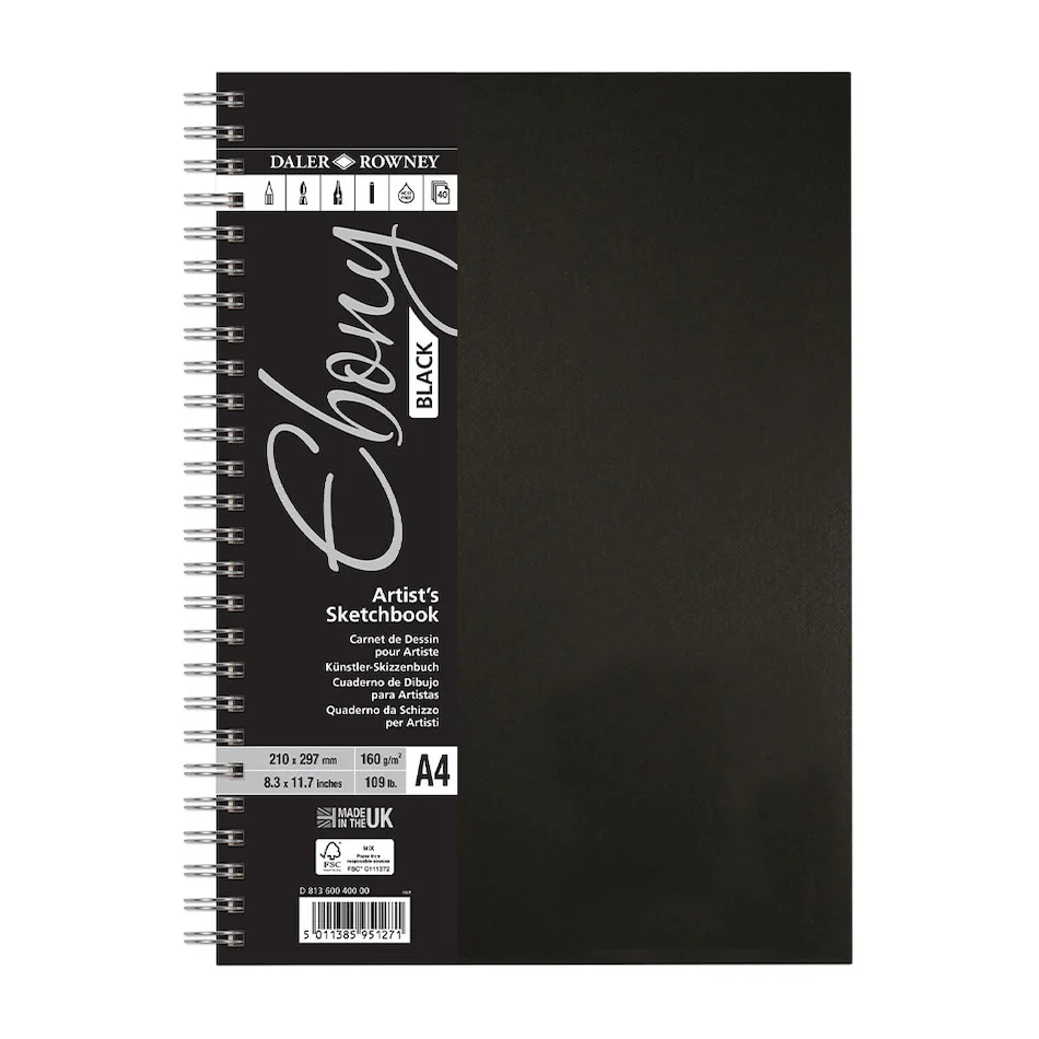 Daler-Rowney Ebony Wirebound Sketchbook A4 Portrait Black Paper