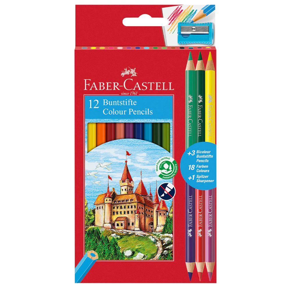 Faber-Castell Eco Colouring Pencil Set of 12 with 3 Bi-Colour Pencils