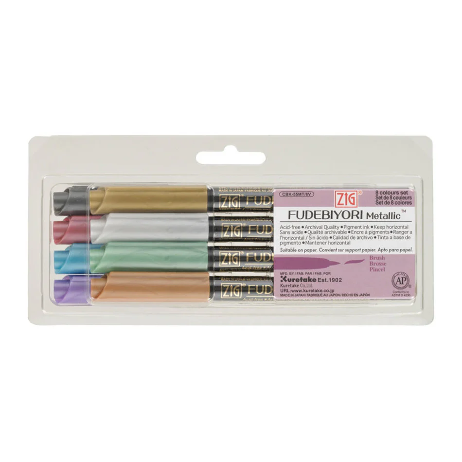 Kuretake Zig Fudebiyori Brush Pens Set of 8 Metallic