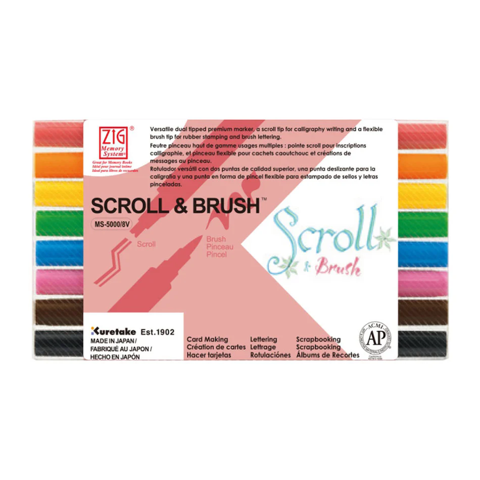 Kuretake Zig Memory Twin Tipped Marker Pen Scroll and Brush Set of 8