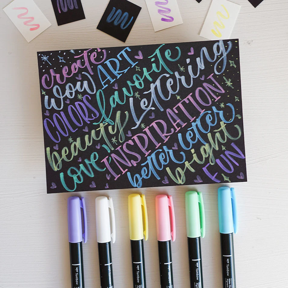 Tombow Fudenosuke Pastel Brush Pen for Black Paper Assorted Set of 6 - Image 3