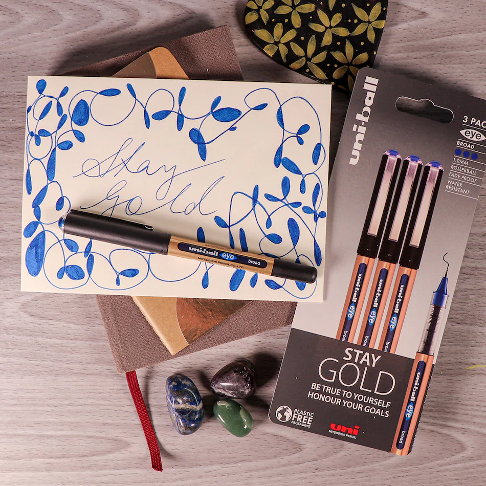 Uni-ball On Point Stay Gold Broad Rollerball Handwriting Pens 3 Pack Blue - Image 2